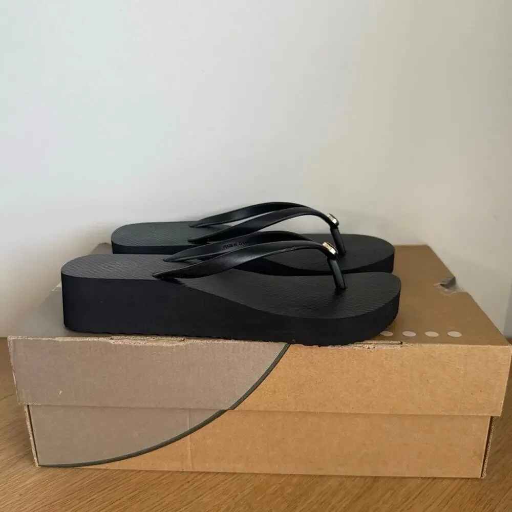 Tory Burch Black/Gold Women Slip On Wedge Sandals- SZ 7